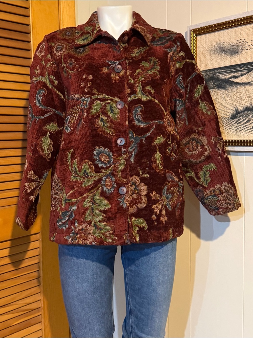 Womens coldwater creek Burgundy Floral textured Jacket Cottagecore boho artsy